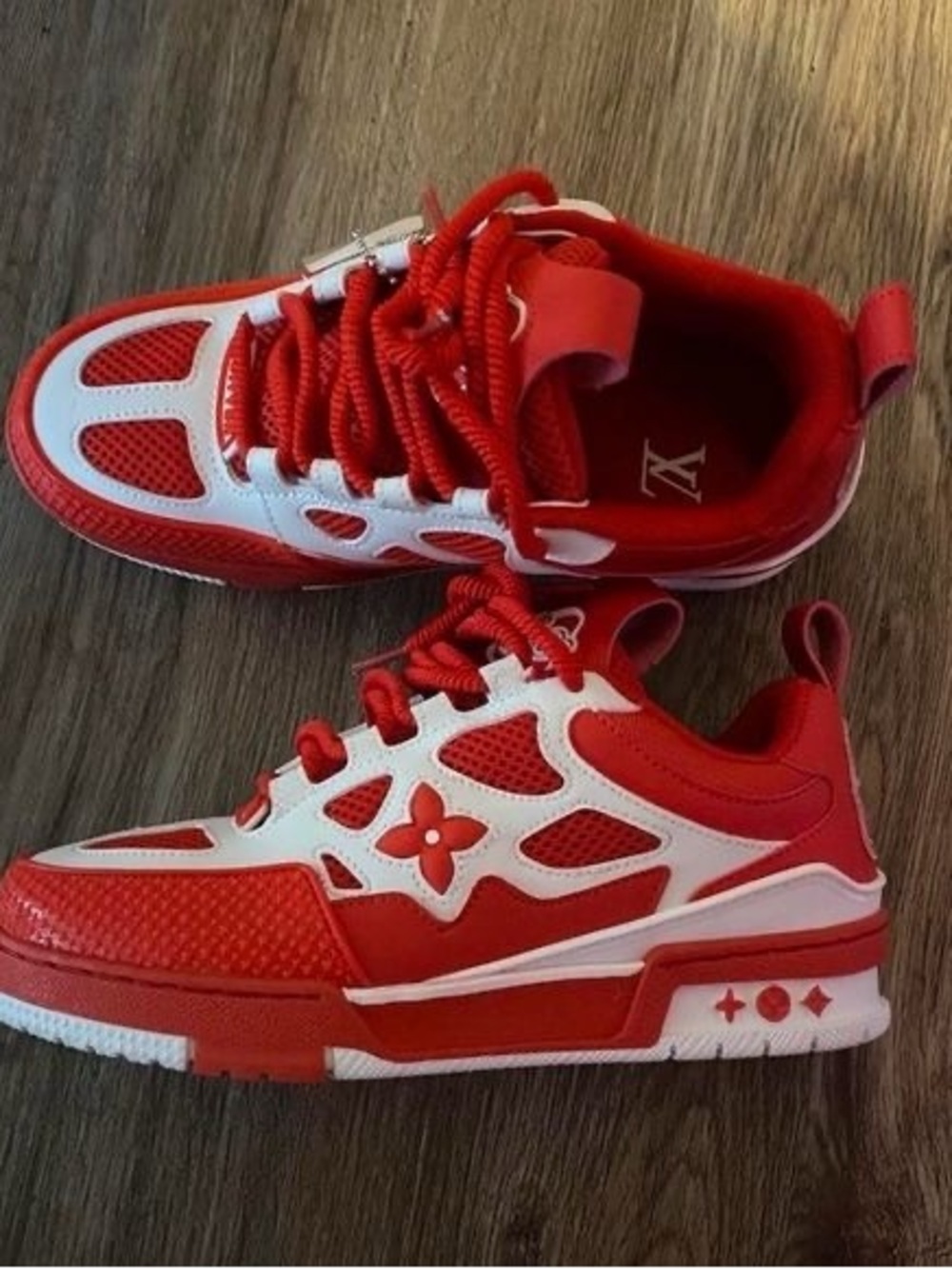 Louis Vuitton Red and White Kids' Logo Accent Sneakers